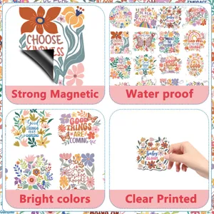 Floral fridge magnet sticker detail, boho cute locker decoration, magnetic sticker close up.