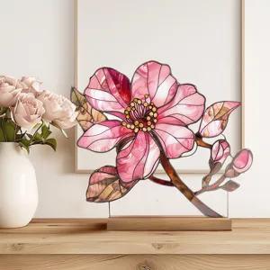 Pink floral acrylic desktop ornament, stained glass style home decor for room table display.