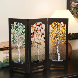 Vintage miniature folding screen desktop stained glass trees decor ornament elegant room accent