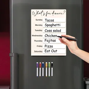 Tableau de menu hebdomadaire magnetique pour refrigerateur avec marqueurs et design bois.