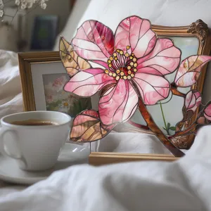 Acrylic flower desktop ornament, stained glass style floral decor with wood base for home.