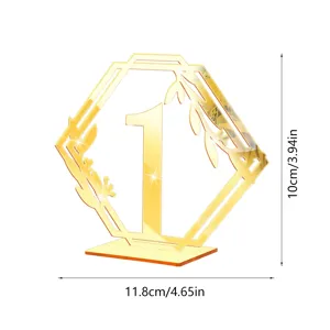 Panneau numéro de table acrylique doré hexagone pour décoration de mariage 11.8x10cm support
