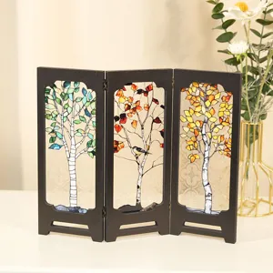Vintage stained glass folding table screen with tree art design miniature decor piece