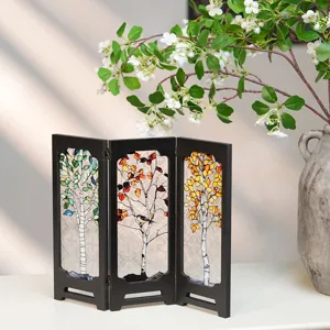 Miniature wooden folding screen desktop ornament with embossed tree glass panels for home decor