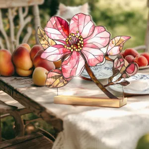 Stained glass style floral acrylic desktop ornament with wooden base for home decoration.