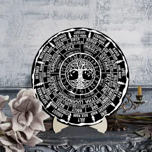 Detailed view of the pagan Wheel of the Year calendar plaque, featuring tree of life and runes.