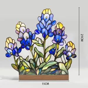 Stained glass style acrylic floral tabletop ornament with wooden base for home decor display.