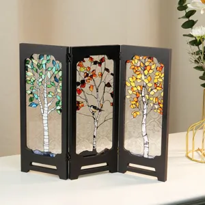 Mini wooden folding screen detail, embossed glass tree pattern for desktop home decor.