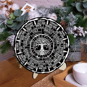 Wheel of the Year wooden calendar tabletop decoration pagan Wiccan altar decor item.