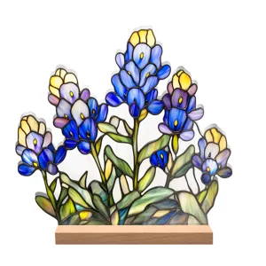 Stained glass style floral acrylic desktop ornament with wooden base for home decoration