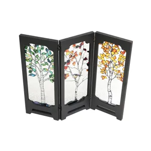Miniature wooden folding screen table decoration with stained glass style tree panels for home.