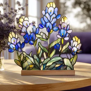 Acrylic stained glass flower desktop ornament detail, blue floral decor with wooden base.