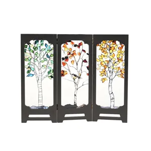 Mini stained glass tabletop folding screen decorative ornament with tree and bird design for home desk.