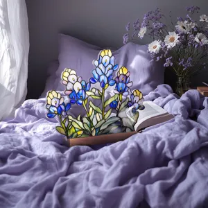 Stained glass style acrylic floral desktop ornament home decor with wooden base for bedroom.