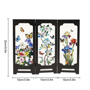 Vintage stained glass 3-panel tabletop screen decorative ornament with floral and butterfly design.