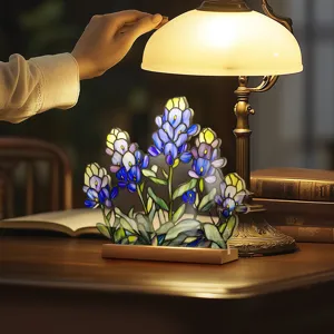 Stained glass style acrylic flower desktop ornament with wooden base home decor table accent