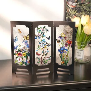 Miniature stained glass folding screen desktop ornament with retro floral butterfly design.