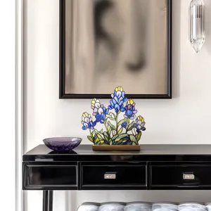 Acrylic blue floral desktop ornament with wood base for home decoration and room aesthetic.