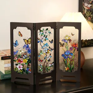 Mini 3-fold stained glass desktop screen vintage floral butterfly decor ornament