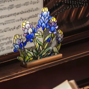 Stained glass style floral acrylic desktop ornament detail, beautiful flower decor on wood base.