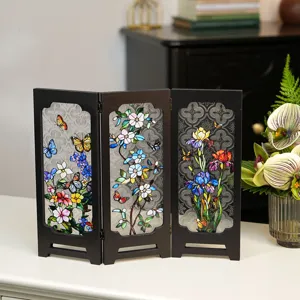 Mini vintage stained glass desktop folding screen with butterfly floral art for home decor.
