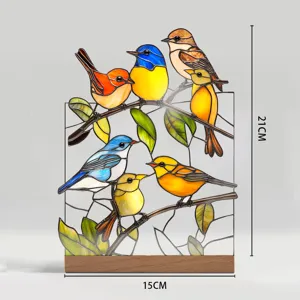 Stain glass style colorful birds acrylic tabletop ornament with wood base for home decor.
