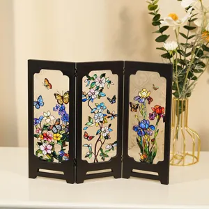Miniature wooden folding screen with vintage stained glass floral butterfly design for desktop decor
