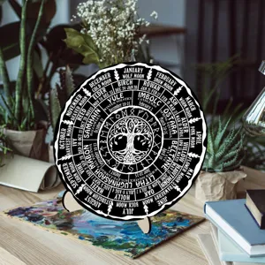 Wheel of the Year calendar plaque, wooden desk decor displaying pagan seasonal festival wheel.