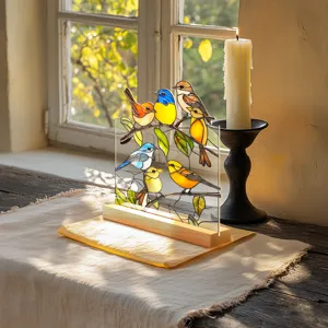 Acrylated stained glass bird ornament detail, colorful birds on branch desktop decor, home decoration view.
