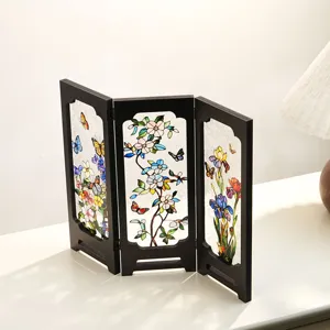 Vintage miniature folding glass screen tabletop ornament, creative floral desktop decor.