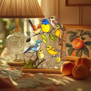 Acrylic stained glass bird desktop ornament, exquisite tabletop decor with wooden base detail.