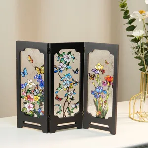 Mini stained glass folding screen desktop decoration vintage floral butterfly ornament wooden