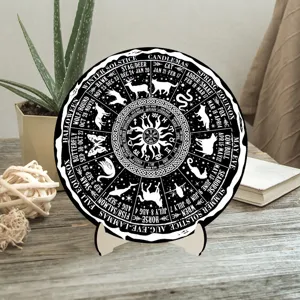 Wooden Wheel of the Year calendar plaque with zodiac symbols on display stand for decor.