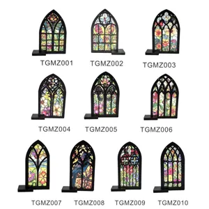 Stained glass wooden window ornament gothic church desktop decor vintage floral display piece