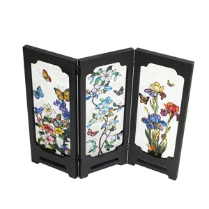 Tabletop miniature folding screen with vintage stained glass floral and butterfly patterns.