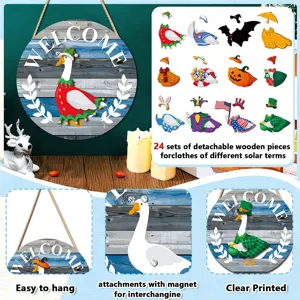 Close-up detail view of the wooden magnetic interchangeable holiday goose door sign and pieces.