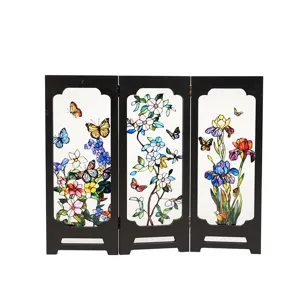 Mini desktop folding screen with floral butterfly stained glass pattern vintage decor