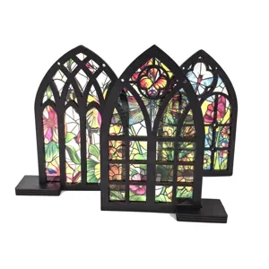 Gothic stained glass wooden window desk decor, colorful floral tabletop ornament for home.