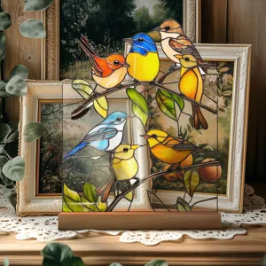 Stained glass style bird acrylic desktop ornament with wooden base for home decor