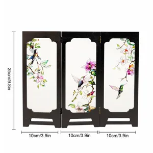Vintage miniature wooden folding screen tabletop ornament with floral and bird art decor.