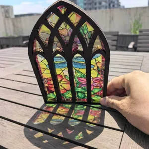 Stained glass wooden window ornament detail view, translucent gothic decor for desktop display.