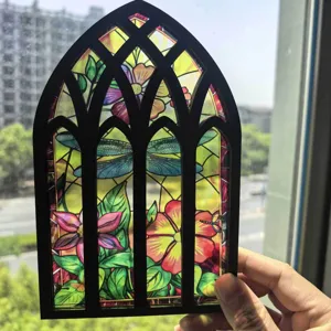 Translucent wooden gothic arch window ornament, stained glass style floral decor pendant.
