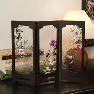 Tabletop decorative folding screen vintage embossed glass floral bird miniature room divider