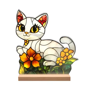 Stained glass style white cat acrylic desktop ornament detail, vibrant floral decor.