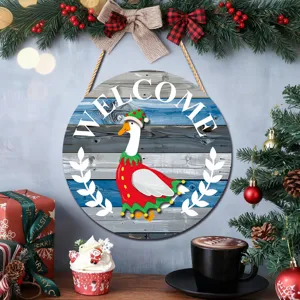 Christmas wooden hanging sign with cute goose design, perfect holiday home decor piece.