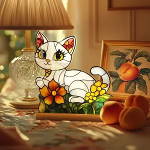 Close-up detail of a stained glass style white cat acrylic desktop ornament in warm cozy lighting.