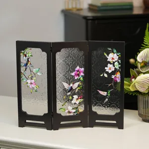 Vintage mini folding glass screen desktop decor with retro floral and bird patterns.