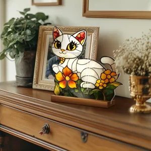 Stained glass style cat acrylic desktop ornament with wooden base home decor detail