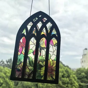 Gothic arched wooden hanging window ornament with translucent floral stained glass style decor.