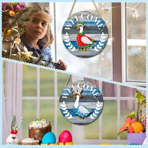Detail view of interchangeable wooden welcome sign featuring cute festive holiday duck design.